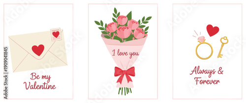 Valentine Day greeting card set with romantic rose bouquet love letter envelope engagement diamond ring and key icons for wedding anniversary and romantic celebrations