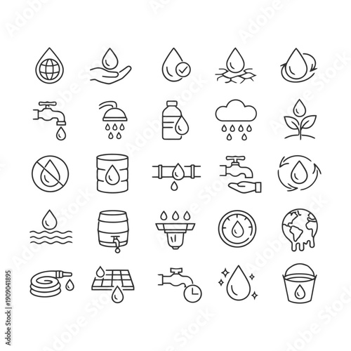 Water conservation icons collection featuring drops, taps, and earth symbols.