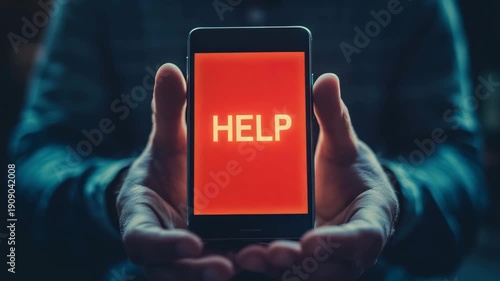 A person shows a smartphone with a help message on its screen in a dim environment, indicating a call for assistance