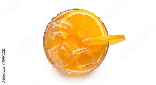Topdown view of orange drink with ice and orange slices in clear glass isolated on white