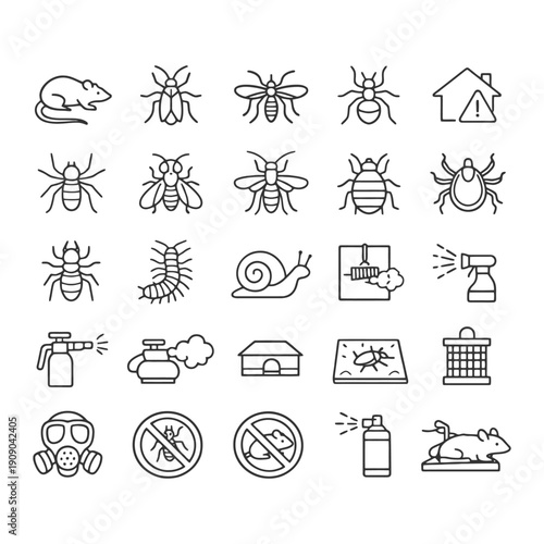 Pest control icons: insects, rodents, tools, and safety symbols.