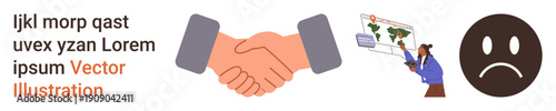 Business partnerships, global communication, emotional awareness, workplace interactions, education, and cultural exchange. Handshake, person explaining a map and sad face symbol. Collaboration