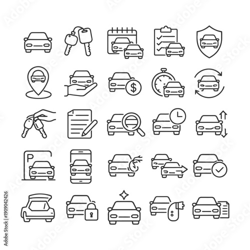 Car rental icons set: keys, contracts, and vehicle tracking symbols for easy rentals.