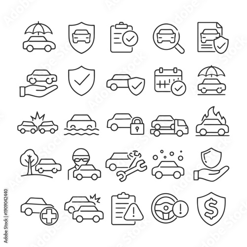 Icon set representing car insurance concepts and safety measures.