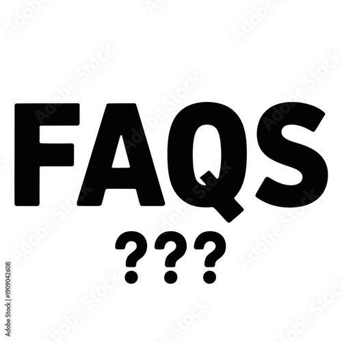 A large black FAQs text with question marks on a white background