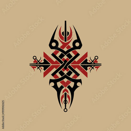 Abstract Tribal Symbol, Geometric Tattoo Design, Black and Red Ornament