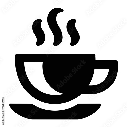 A simple black icon of a steaming hot cup of coffee