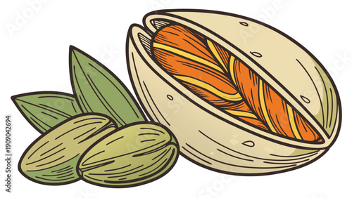 Detailed vector illustration of pistachios in shell with leaves