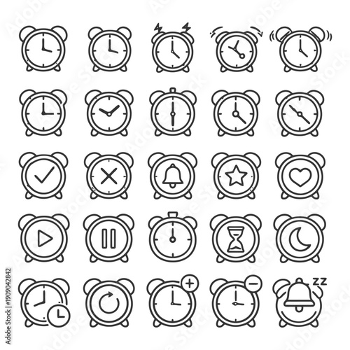 Set of 25 alarm clock icons illustrating various states and functions.