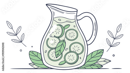 A refreshing pitcher of date syrup with sliced limes and leaves, vector illustration.