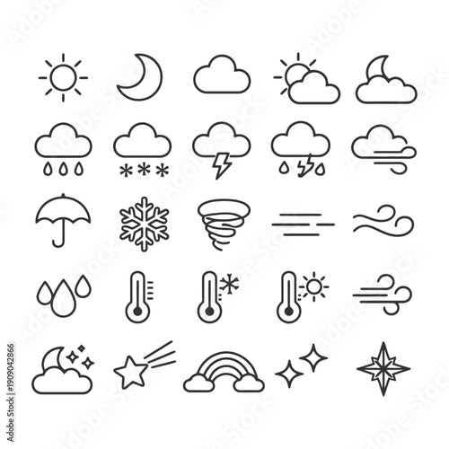 Weather symbols: sun, moon, clouds, rain, wind, snow, storm, temperature, rainbow, star, compass.