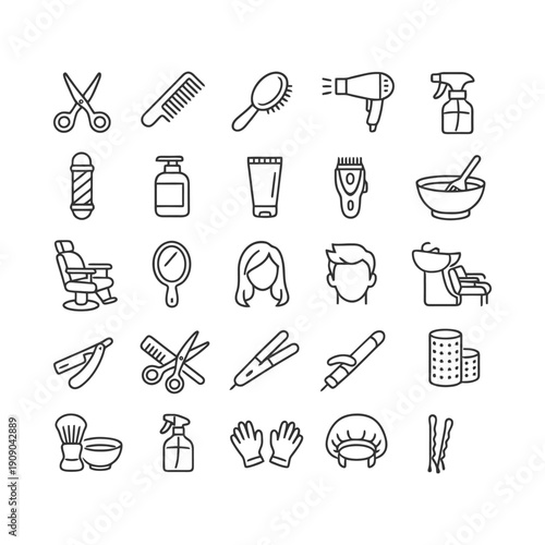 Barber and hair salon icon set: scissors, comb, hairdryer, mirror, shaving, haircut tools.