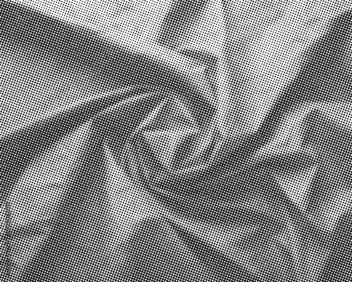 Black and white halftone fabric texture with twisted folds and depth. Abstract dotted surface inspired by print and textile materials. Vintage monochrome background for graphic design use.