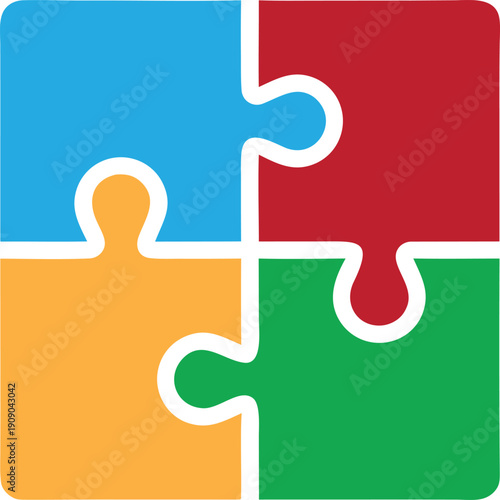 Colorful puzzle pieces icon forming a complete square concept. Teamwork, connection, and problem solving symbol for business or education design. Flat jigsaw illustration isolated.