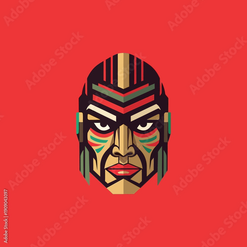 Geometric Native American Warrior Face Mask Icon, Tribal Art, Red Background