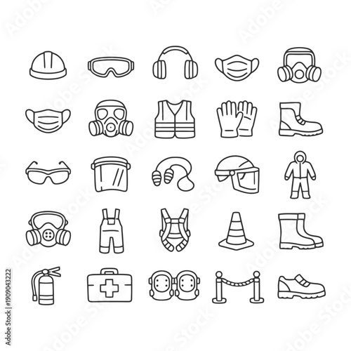 Essential safety equipment line icons for construction and industrial work.