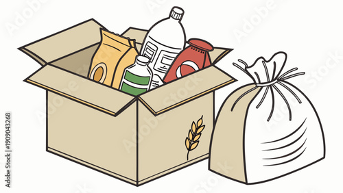 Food Donation Box with Various Provisions and Sack on Plain Background