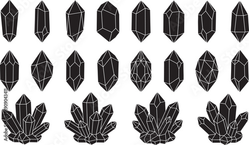 Black crystal silhouette collection, gemstone and mineral quartz clusters isolated on white background illustration set
