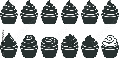 Cupcake silhouette collection with various frosting swirl designs isolated on white background bakery dessert illustration set