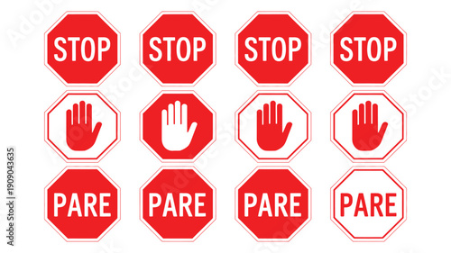 red octagonal signs displaying stop pare and hand shaped halt symbols high-quality professional detailed modern elegant stylish