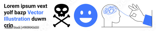 Mental health, emotional well-being, cognitive science, danger awareness, human psychology, decision-making. Skull and crossbones, smiling face hand pointing at brain. Mental health and emotional