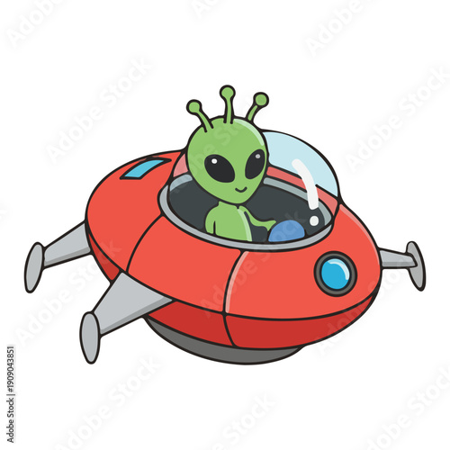 Cute Alien Flying Red Spaceship