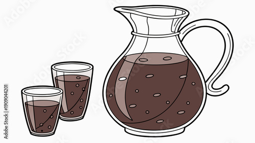A professional vector illustration of a jug and glasses filled with a dark beverage, depicted in a simple, modern style from a straightforward viewpoint