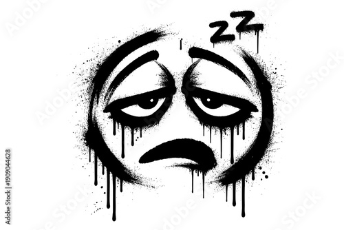 Dripping graffiti face with sleepy eyes and zzz in black and white