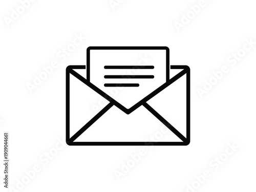 Minimalist black and white line art icon of an open envelope with a letter inside, symbolizing communication and email.