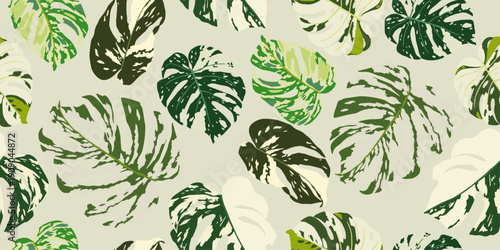 Abstract, hand-drawn Monstera deliciosa pattern, seamless floral design, suitable for fabrics, textiles, clothing, posters, covers, banners, and backgrounds. Vector graphic.