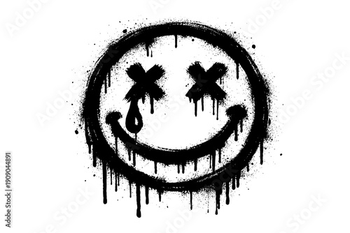 Grunge smiley face with dripping paint and x eyes on white background