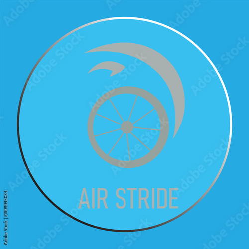 Minimalist "Air Stride" Logo Design with Wheel and Motion Swoosh on Blue Background