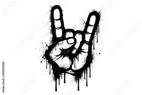 Grunge dripping hand gesture with rock symbol and splatter effect