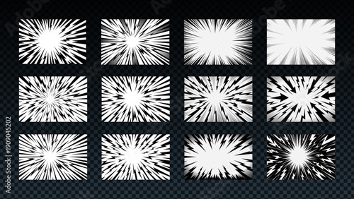 Thunder anime burst lines form a powerful radial comic background full of motion and energy. Thunder anime bg set creates light explosions and dynamic flash for manga style.