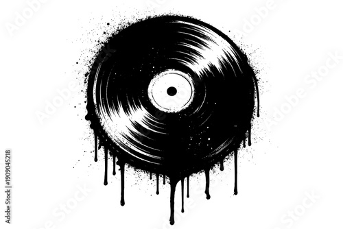 Grunge ink splattered dripping vinyl record design with artistic texture