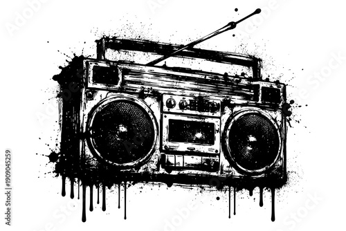 Grungy retro boombox with dripping paint effect in monochrome style