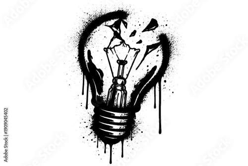 Abstract splattered light bulb with grunge aesthetic and broken glass effect