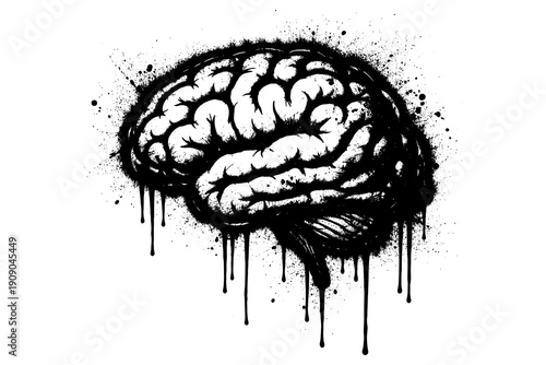 Dripping black and white brain art with grunge texture and splatter effect