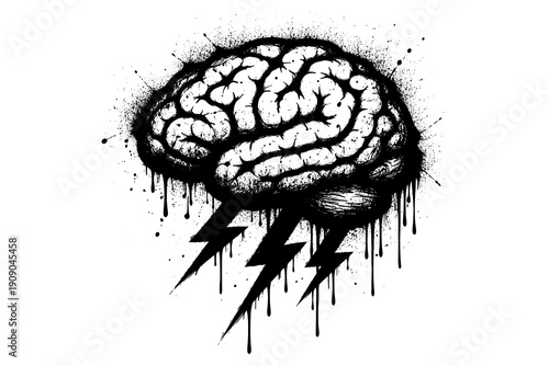 Grunge style brain with lightning bolts and ink splatter on white