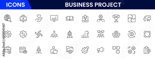 Business set of web icons in linear style. Business Project icons for web and mobile apps. Business, organisation management, planning, project, startup, marketing, teamwork. Vector illustration