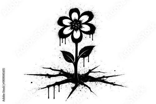 Floral resilience: grunge flower rising from cracked ground