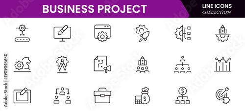 Business set of web icons in linear style. Business Project icons for web and mobile apps. Business, organisation management, planning, project, startup, marketing, teamwork. Vector illustration