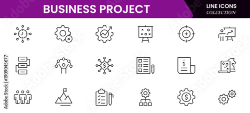 Business set of web icons in linear style. Business Project icons for web and mobile apps. Business, organisation management, planning, project, startup, marketing, teamwork. Vector illustration