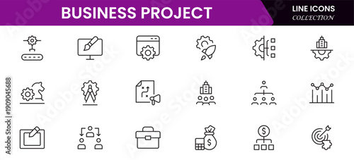 Business set of web icons in linear style. Business Project icons for web and mobile apps. Business, organisation management, planning, project, startup, marketing, teamwork. Vector illustration
