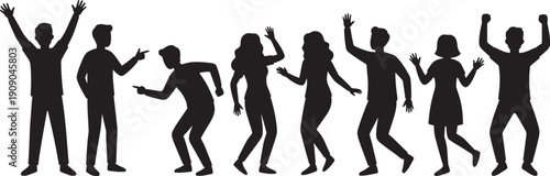 Dancing people silhouette collection, happy young men and women celebrating party isolated on white background