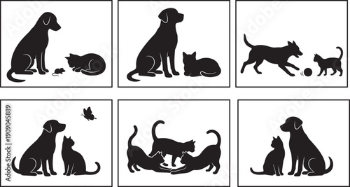 Dog and cat silhouette scenes collection, domestic pets playing and sitting isolated on white background