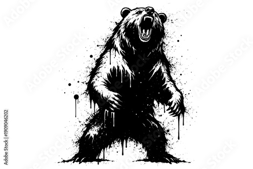 Fierce roaring bear in grunge black and white dripping paint style
