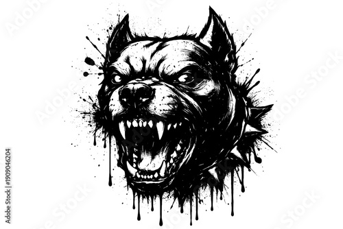 Ferocious canine head with spiked collar in splatter ink style