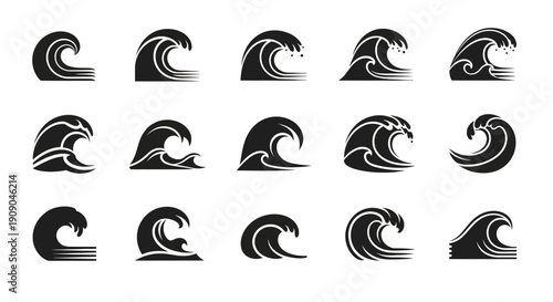 Set of Black Wave Icons on White Background