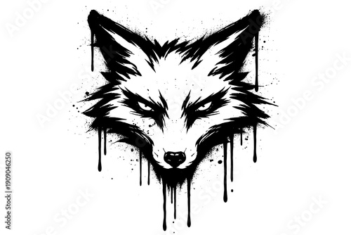 Grunge black and white fox head with dripping ink effect on white background